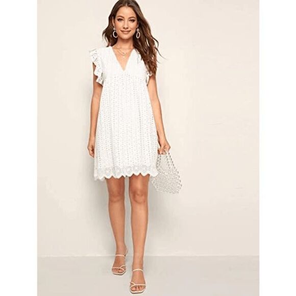 Women's Plain Short Sleeve Floral Summer Floral Lace Prom Party Shift Dress - Picture 5 of 5